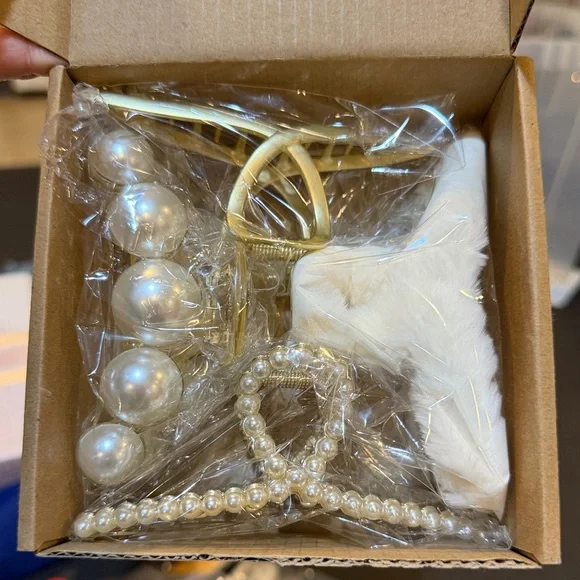 Gold and White Hair Claw 4 Piece Set - Picture 3 of 6